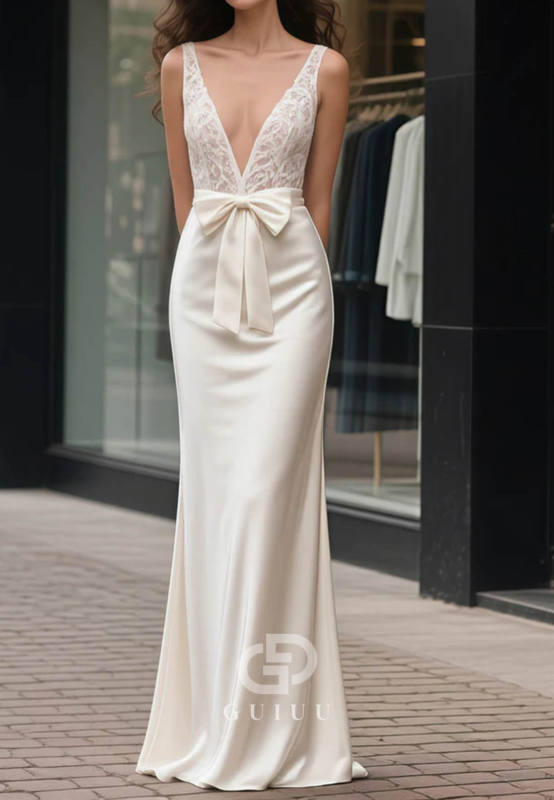 Spaghetti Straps V-Neck Bowknot A-Line Wedding Dress