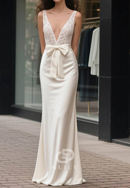Spaghetti Straps V-Neck Bowknot A-Line Wedding Dress