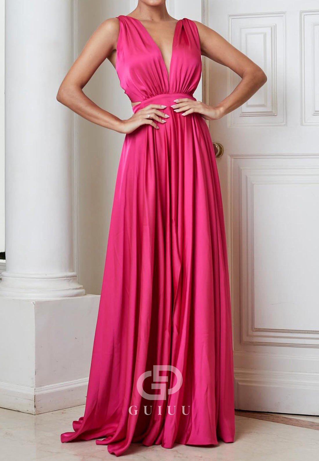 Spaghetti Straps V-Neck Empire-Waist Evening Dress