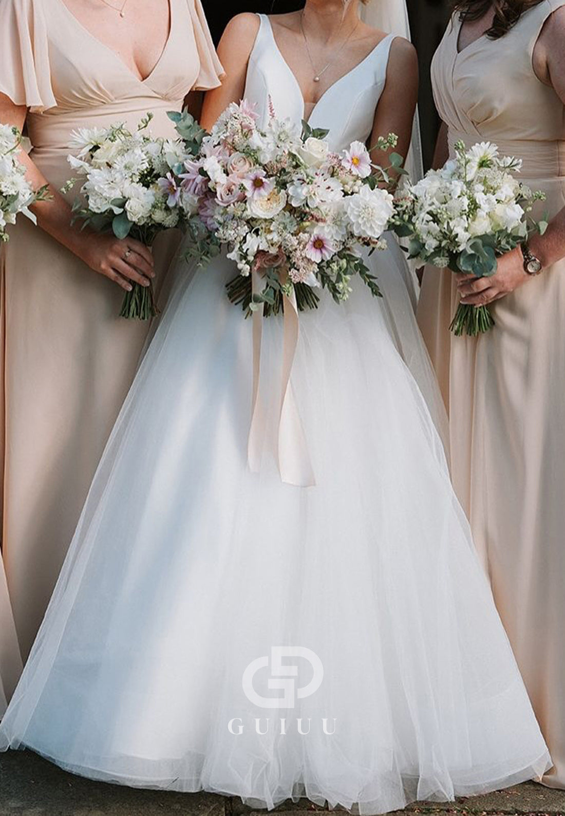 Spaghetti Straps V-Neck Empire-Waist Satin Wedding Dress