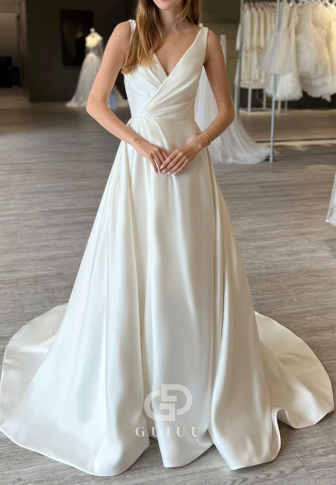 Spaghetti Straps V-Neck Empire-Waist Satin Wedding Dress