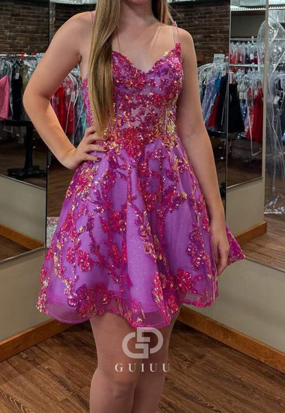 Spaghetti Straps V-Neck Lace Appliques Short Homecoming Dress