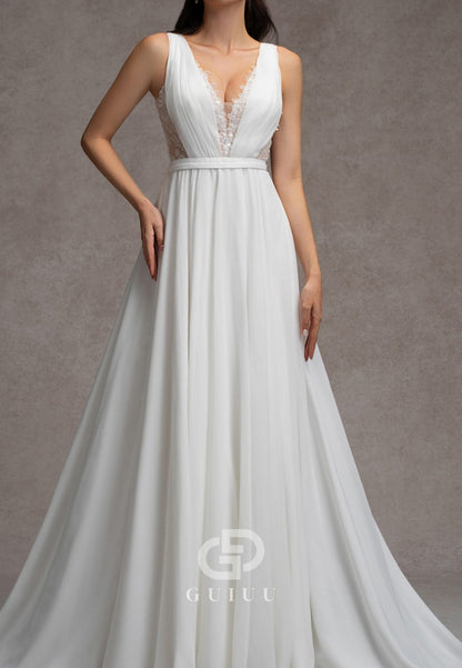 Spaghetti Straps V-Neck Lace Back A-Line Wedding Dress