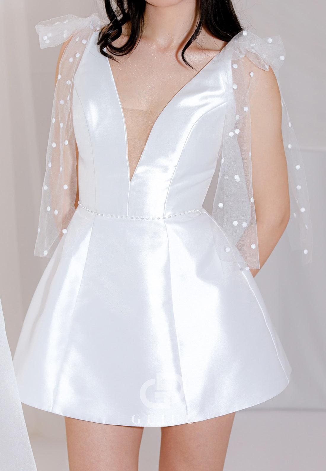 Spaghetti Straps V-Neck Satin Short Wedding Dress