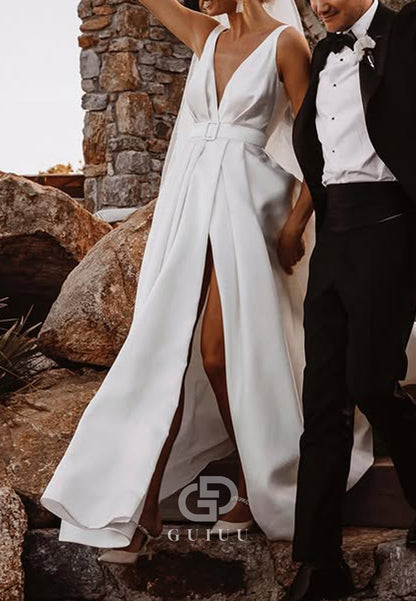 Spaghetti Straps V-Neck Slit Satin Wedding Dress