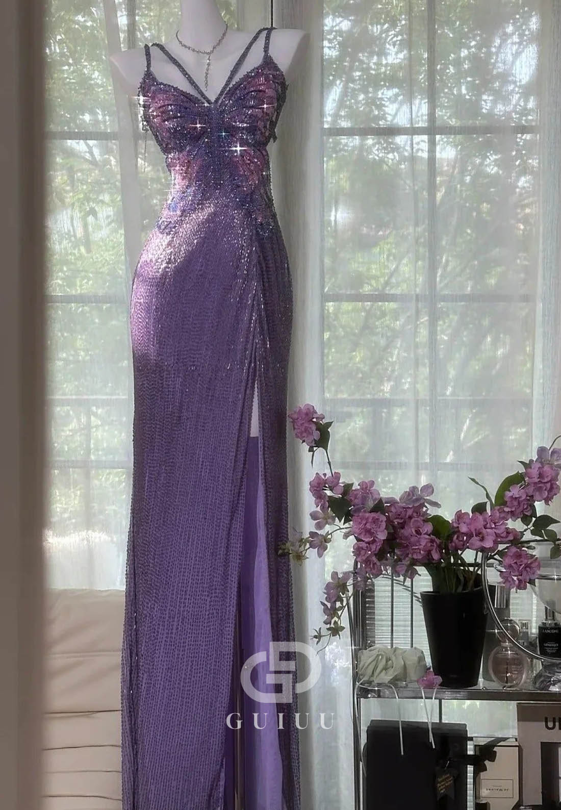 Sparkly A Line Spaghetti Straps Purple Long Prom Dress with Beading