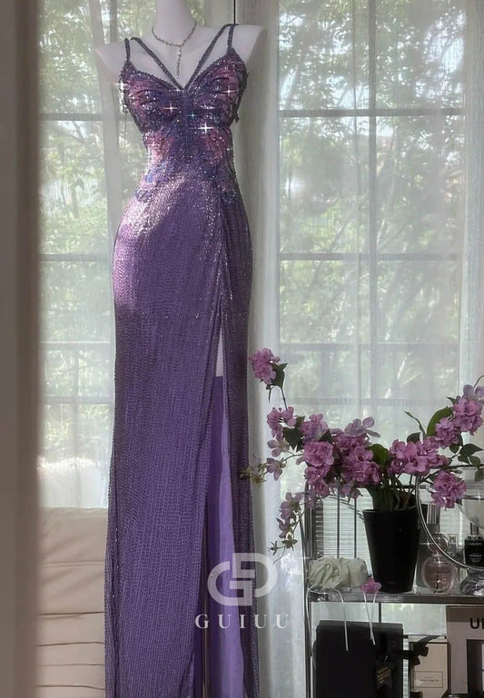 Sparkly A Line Spaghetti Straps Purple Long Prom Dress with Beading