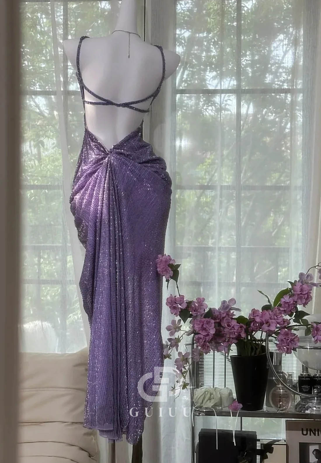 Sparkly A Line Spaghetti Straps Purple Long Prom Dress with Beading