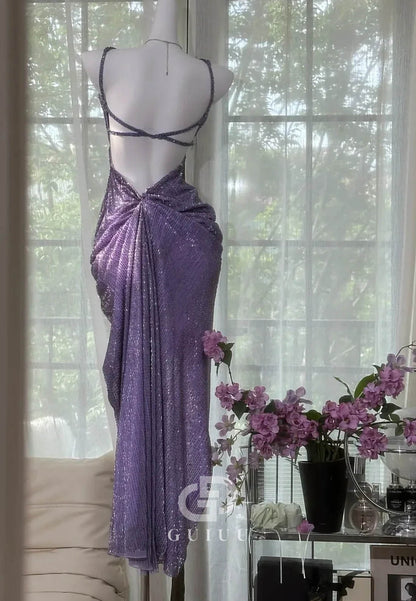 Sparkly A Line Spaghetti Straps Purple Long Prom Dress with Beading
