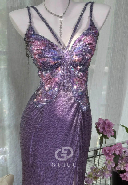 Sparkly A Line Spaghetti Straps Purple Long Prom Dress with Beading
