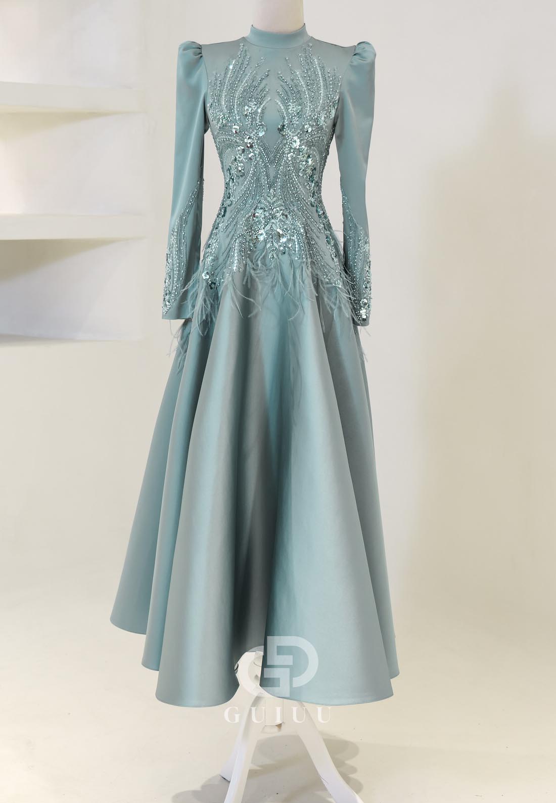 Sparkly High Neck Long Sleeves Sequins Empire-Waist Evening Dress