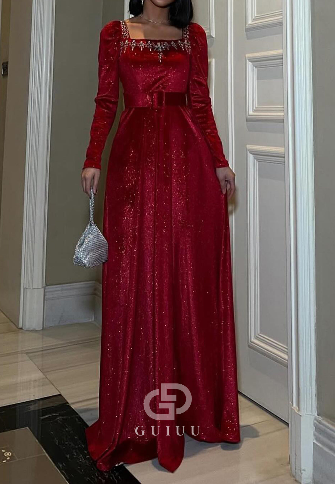 Sparkly Long Sleeves Square Empire-Waist Evening Dress