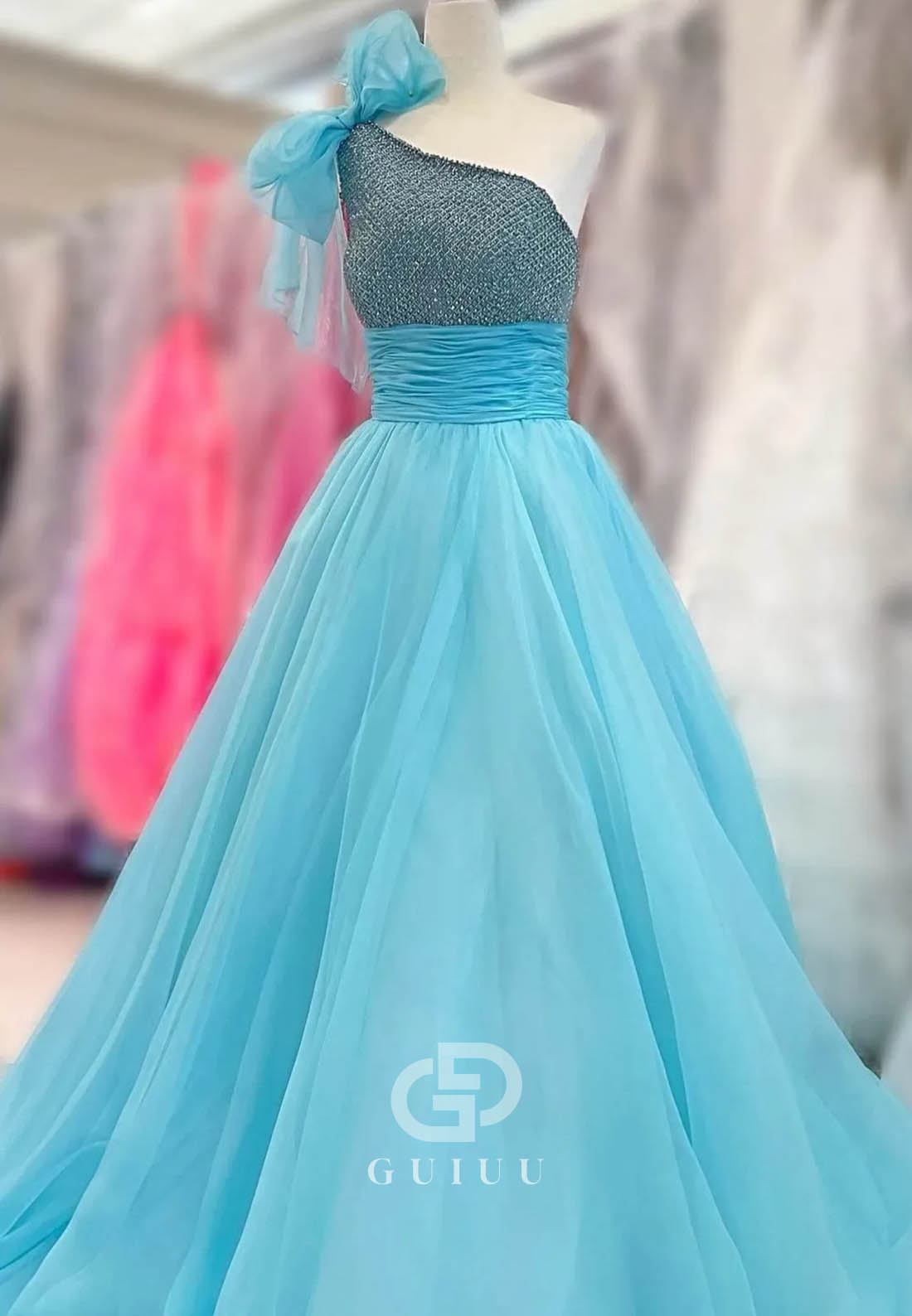 Sparkly Sky Blue Long Beading A-Line Prom Dress