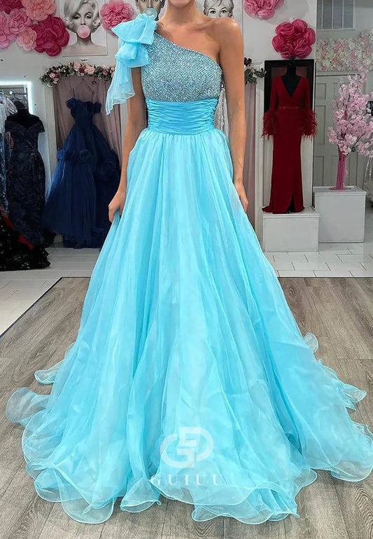 Sparkly Sky Blue Long Beading A-Line Prom Dress