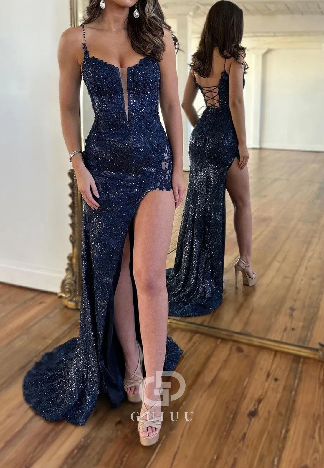 Sparkly Spaghetti Straps Lace Up Mermaid Long Corset Prom Dress