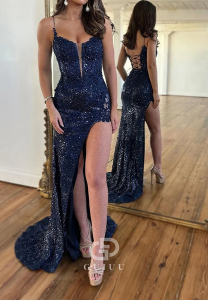 Sparkly Spaghetti Straps Lace Up Mermaid Long Corset Prom Dress