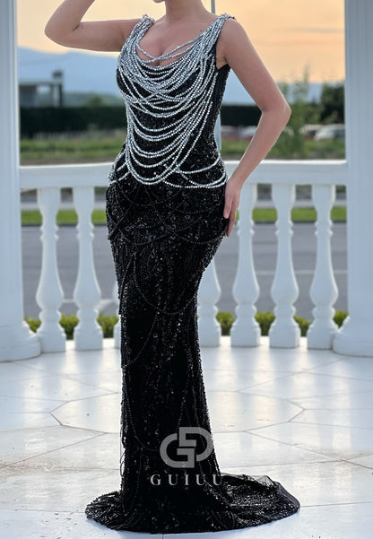 Sparkly Spaghetti Straps Scoop Sequins Mermaid Evening Dress