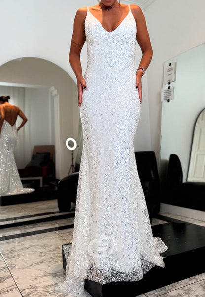 Sparkly Spaghetti Straps V-Neck Backless Wedding Dress