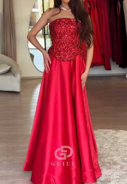 Sparkly Strapless Sleeveless Seqins Empire-Waist Evening Dress