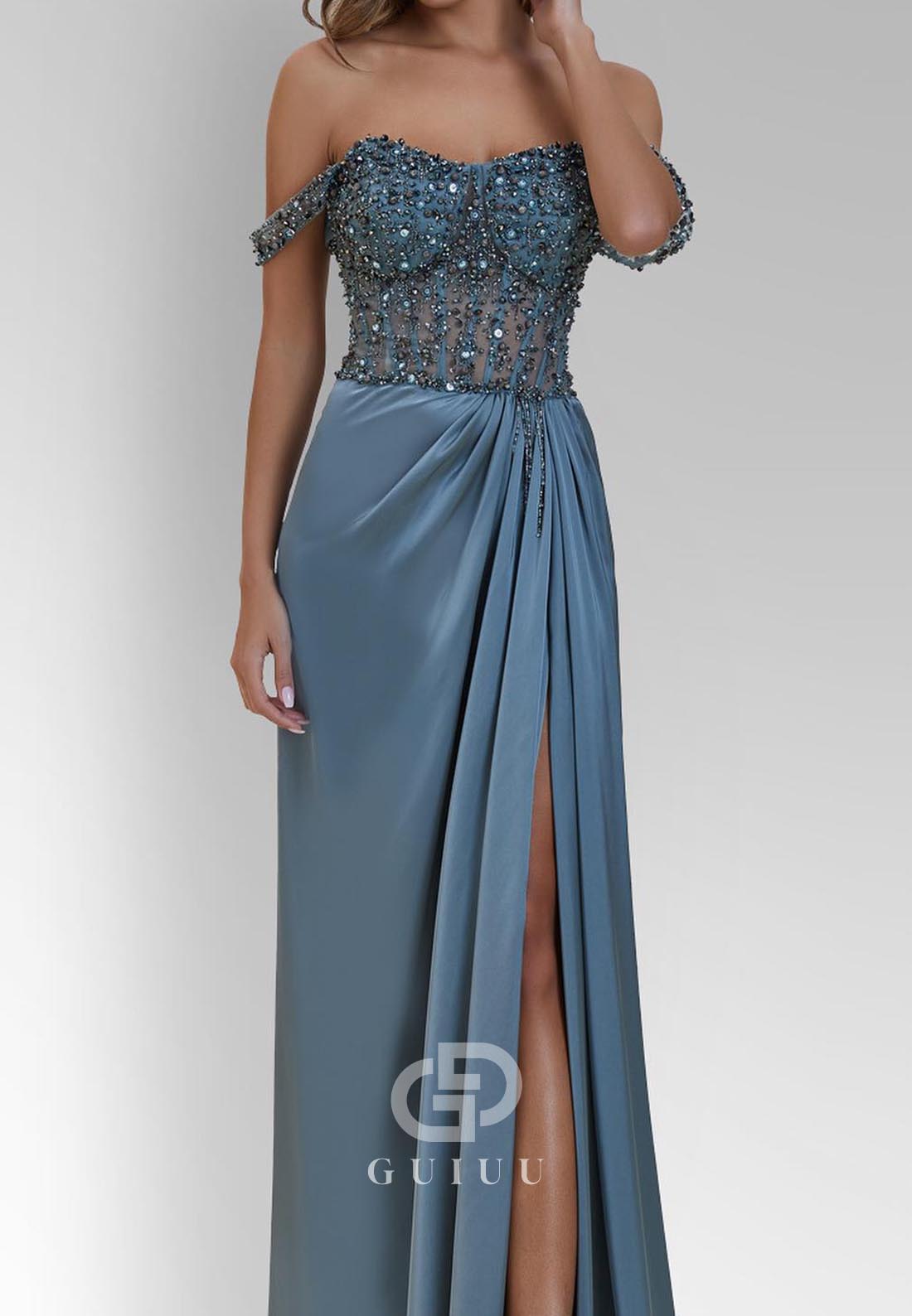 Steel Blue A-Line Off-Shoulder Corset Tule Evening Dress