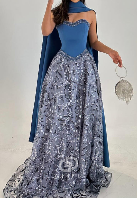 Steel Blue Strapless Sleeveless Appliques Evening Dress