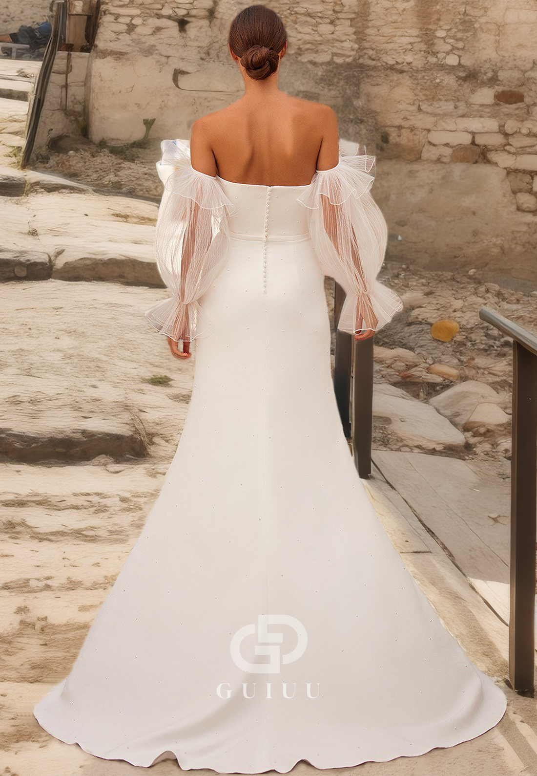 Strapless Simple Scoop Bell Sleeved Sheath Side Slit Wedding Dress