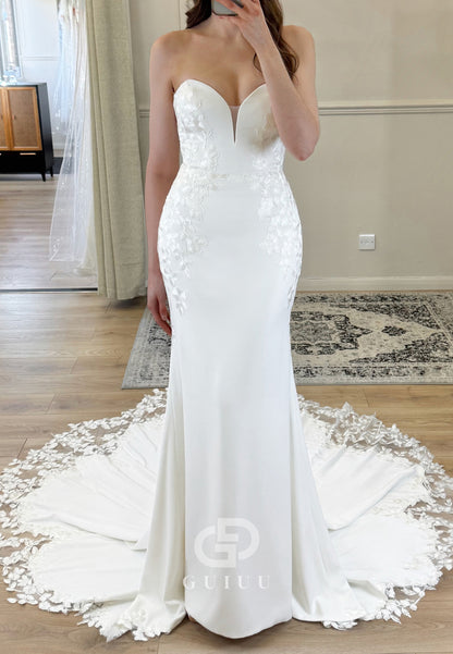 Strapless Sleeveless Sweep Train Satin Wedding Dress
