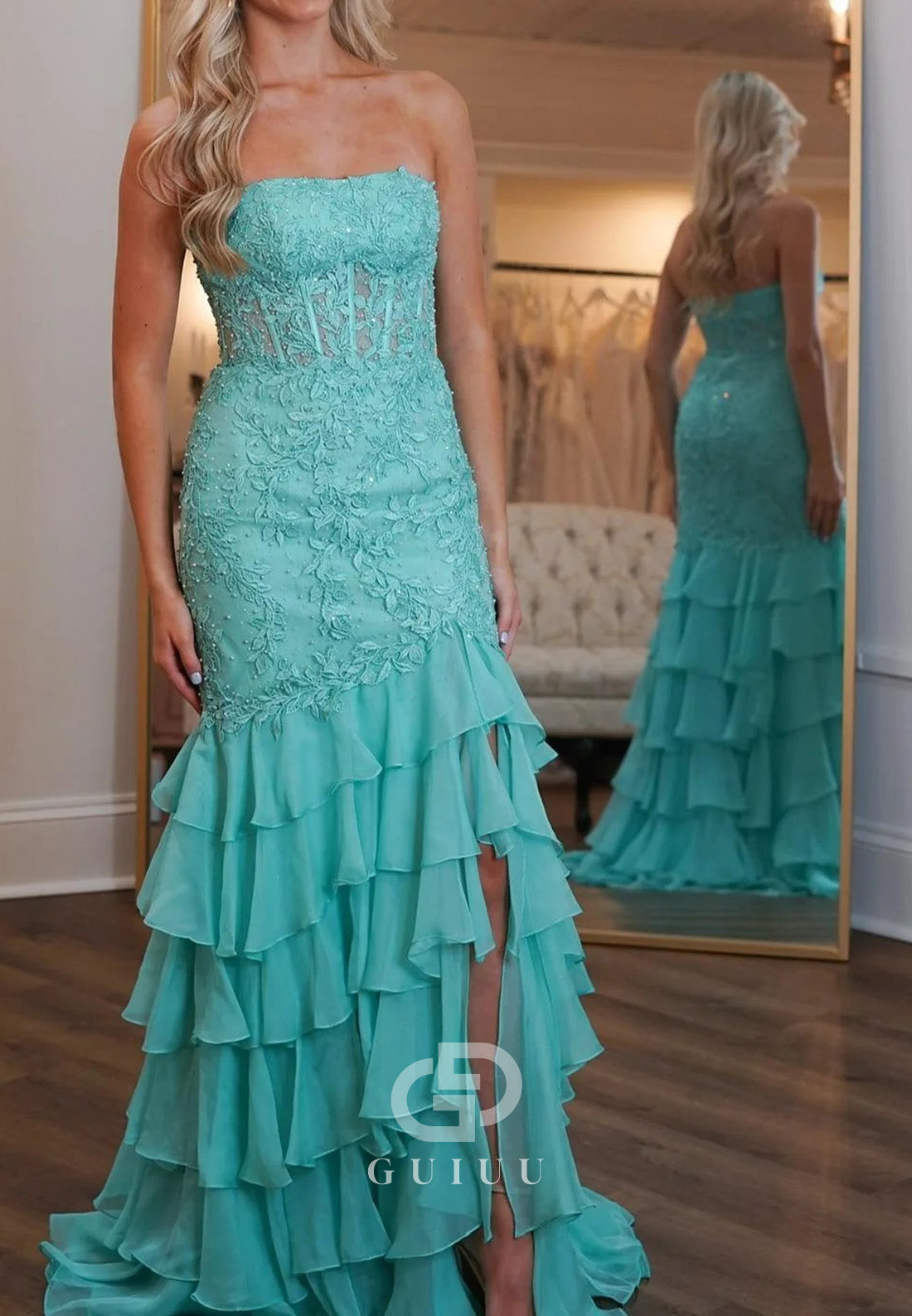 Sleeveless Strapless Teal Lace Appliques Fitted Ruffles Prom Dress