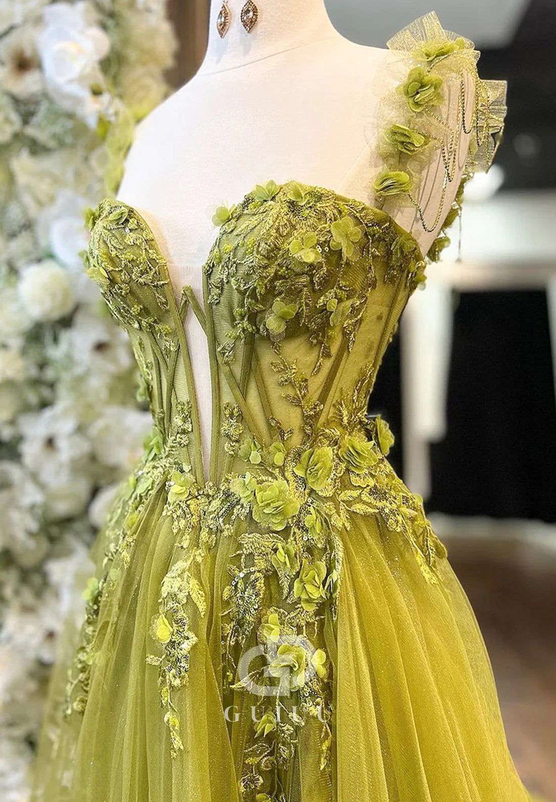 Stunning A-Line Lace Up Long Glitter Tulle Prom Dress with Appliques