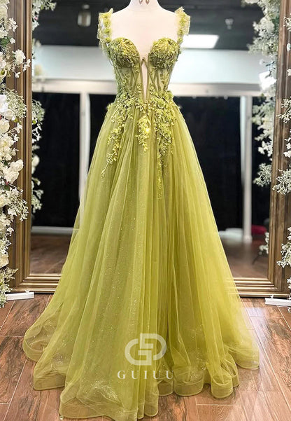 Stunning A-Line Lace Up Long Glitter Tulle Prom Dress with Appliques