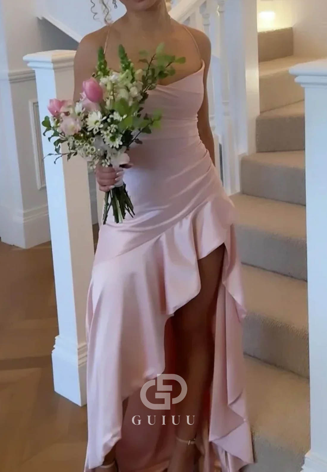 Stylish A Line Spaghetti Straps Pink Long Prom Dress with Ruffles