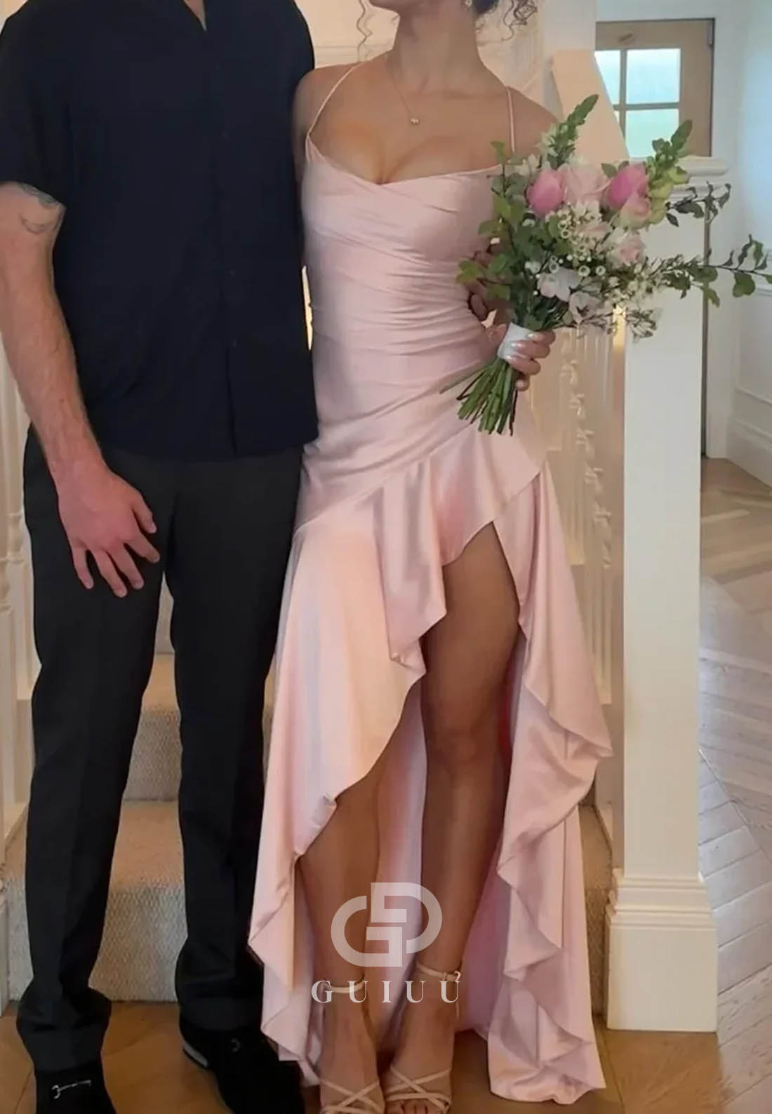 Stylish A Line Spaghetti Straps Pink Long Prom Dress with Ruffles