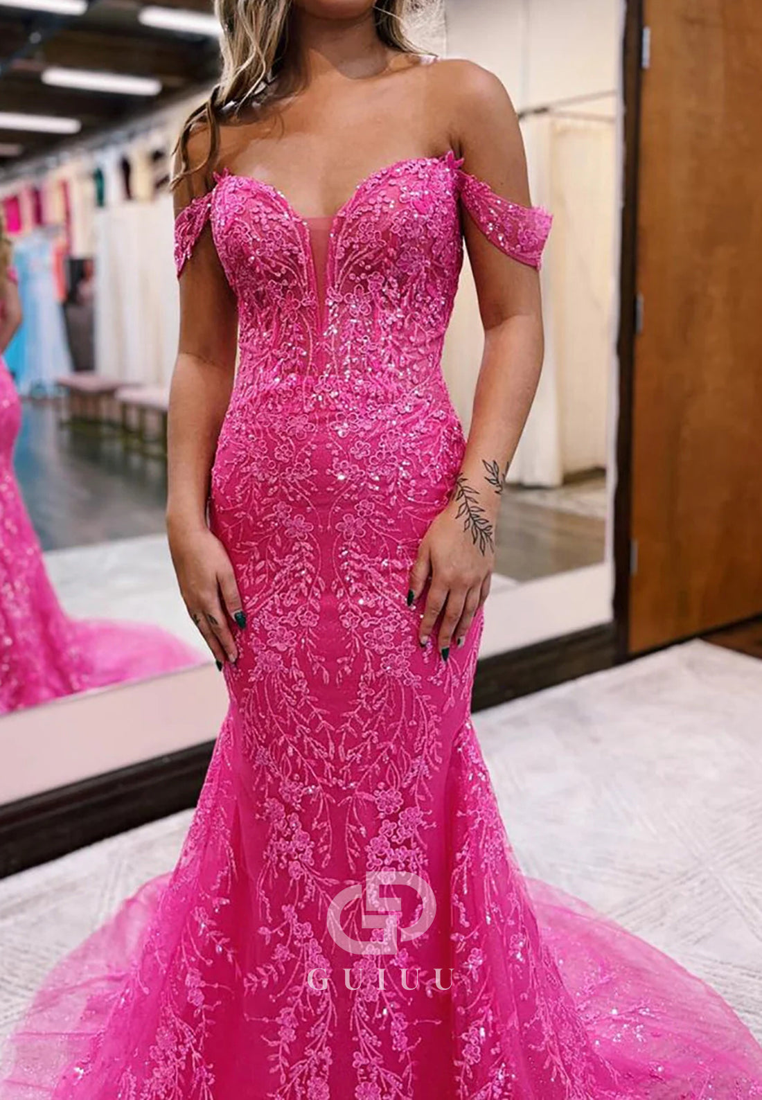 Stylish Fuchsia Long Mermaid Off The Shoulder Prom Dress With Appliques