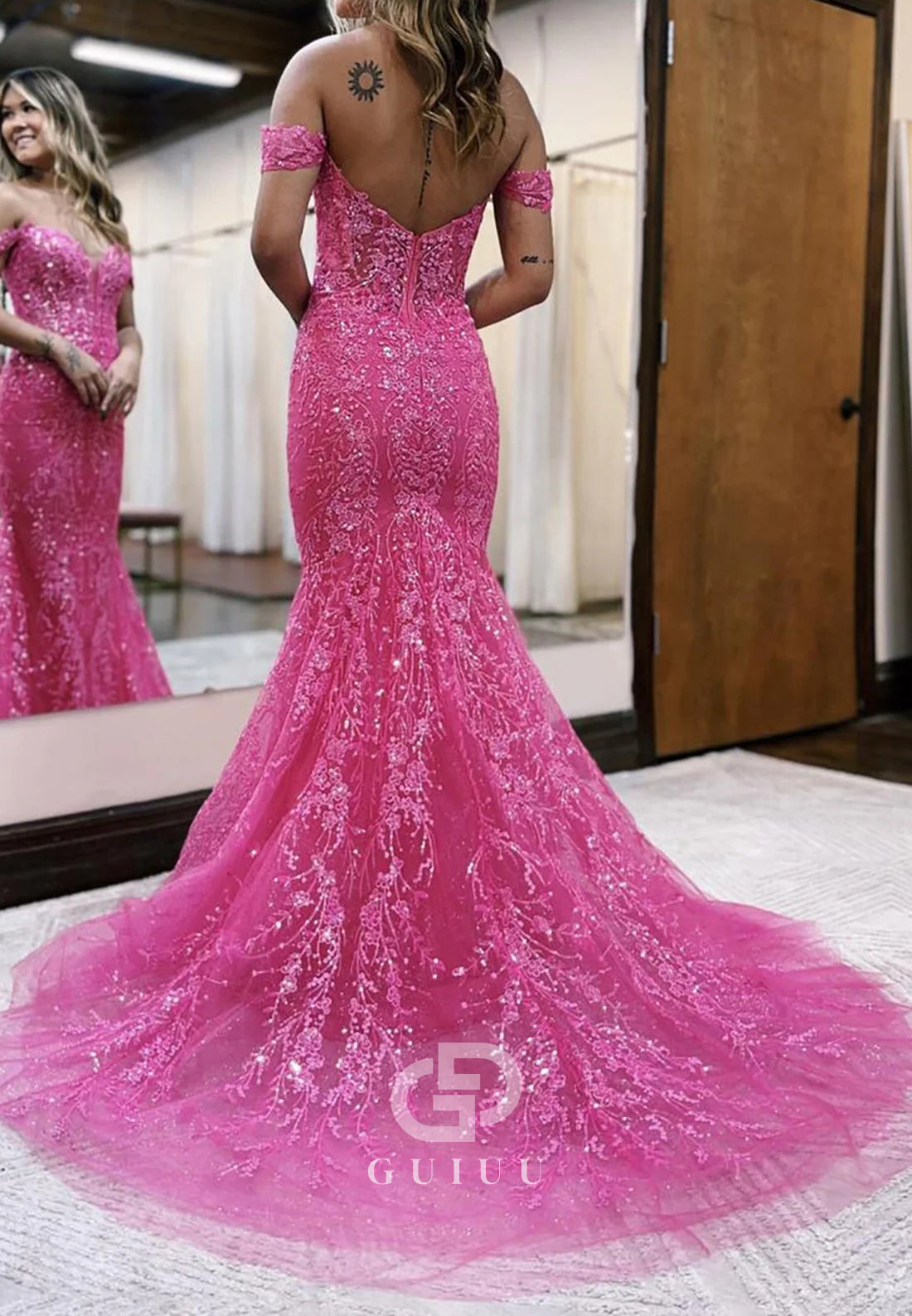 Stylish Fuchsia Long Mermaid Off The Shoulder Prom Dress With Appliques