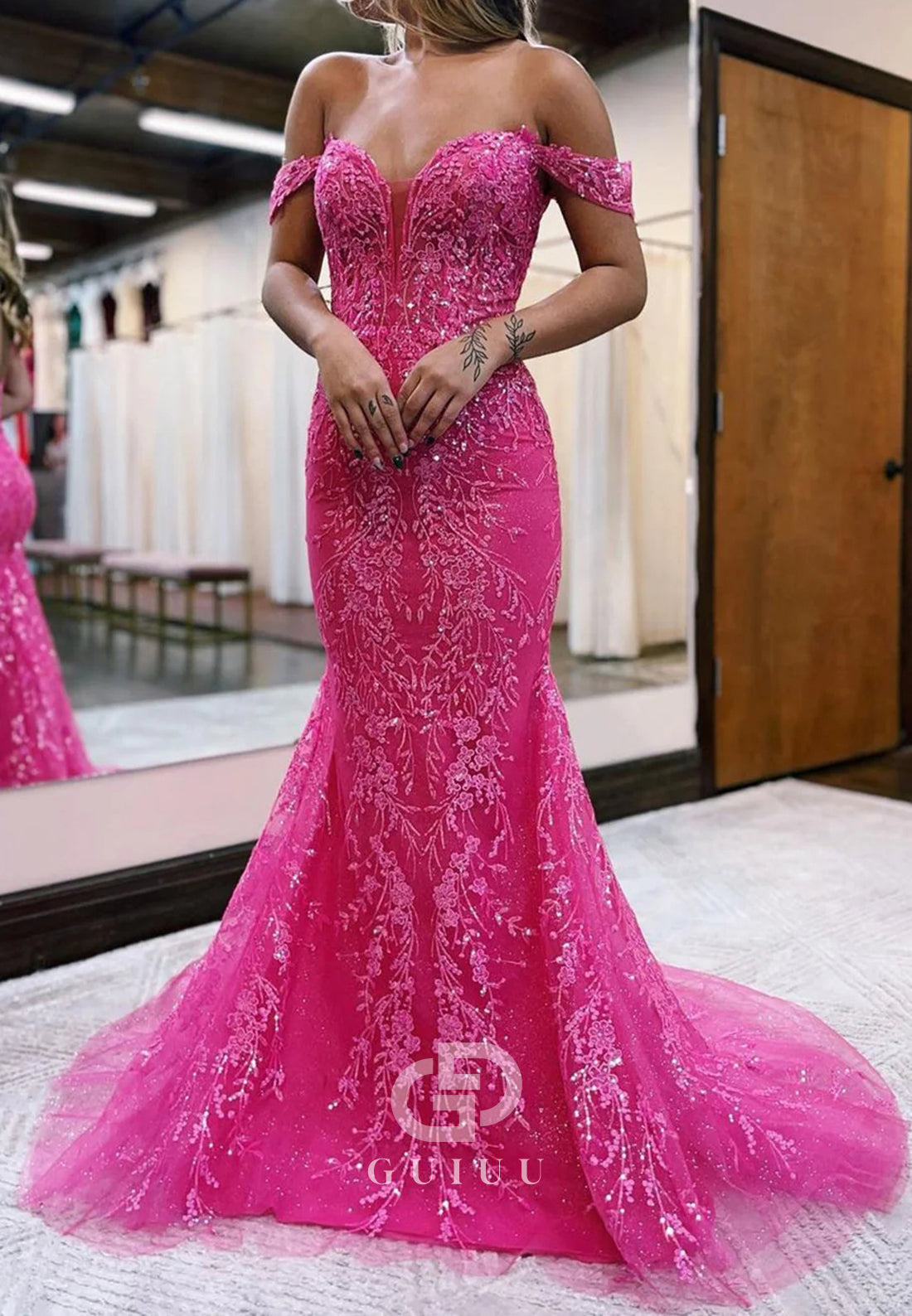 Stylish Fuchsia Long Mermaid Off The Shoulder Prom Dress With Appliques