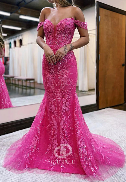Stylish Fuchsia Long Mermaid Off The Shoulder Prom Dress With Appliques
