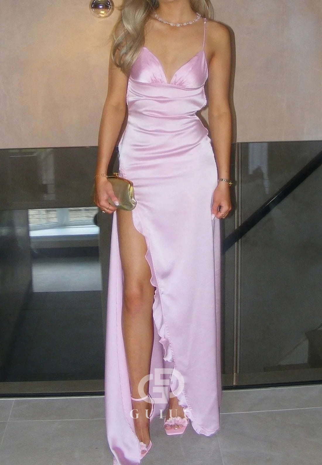 Stylish Sheath Spaghetti Straps Pink Satin Long Prom Dress with Split Front