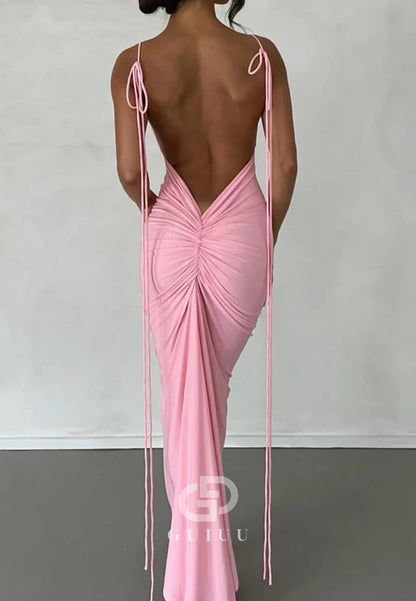 Stylish Sheath Spaghetti Straps Pink Tea Length Party Dress with Backless