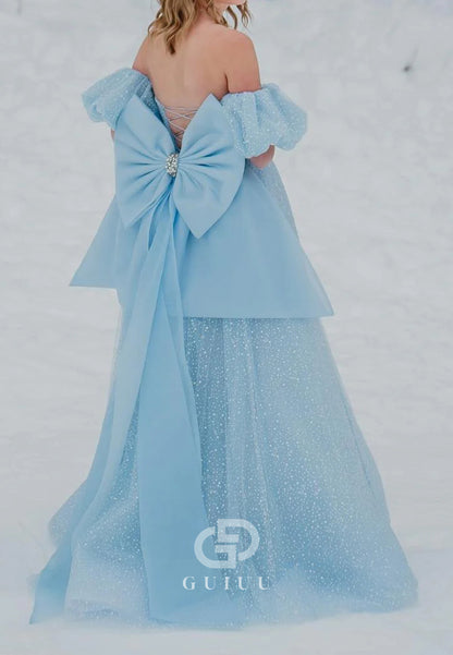Sweetheart Sky Blue A-Line Long Prom Dress with Bow