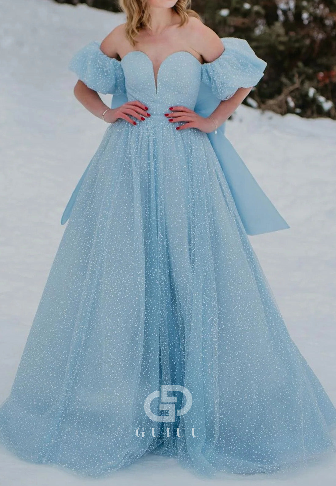 Sweetheart Sky Blue A-Line Long Prom Dress with Bow