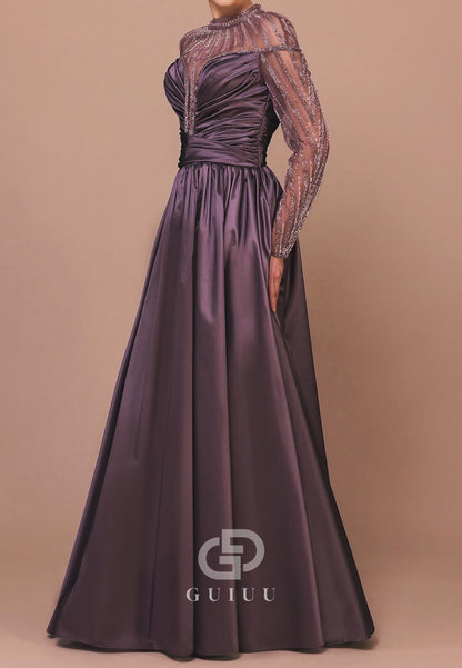 Tahiti A-Line Long Sleeves High Neck Empire-Waist Evening Dress