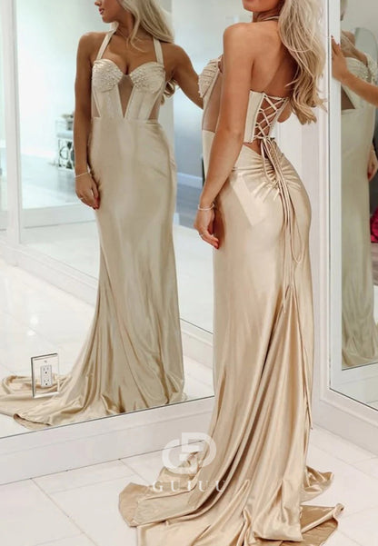 Champagne Mermaid V-Neck  Satin Long Prom Dresses with Beading