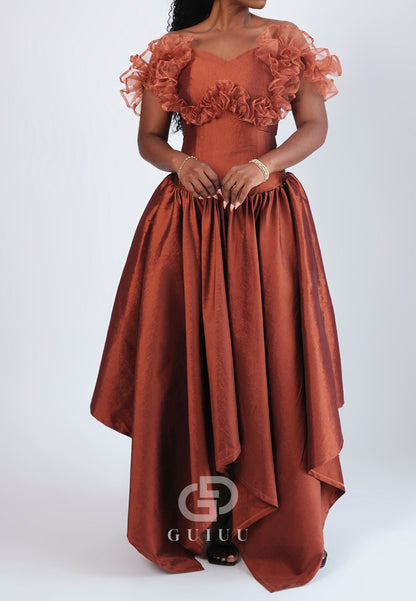Terracotta Sleeveless Strapless Feathers A-Line Prom Dress