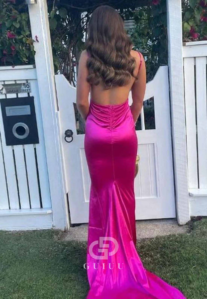 Mermaid V-Neck Fuchsia Plunge Satin Long Prom Dress