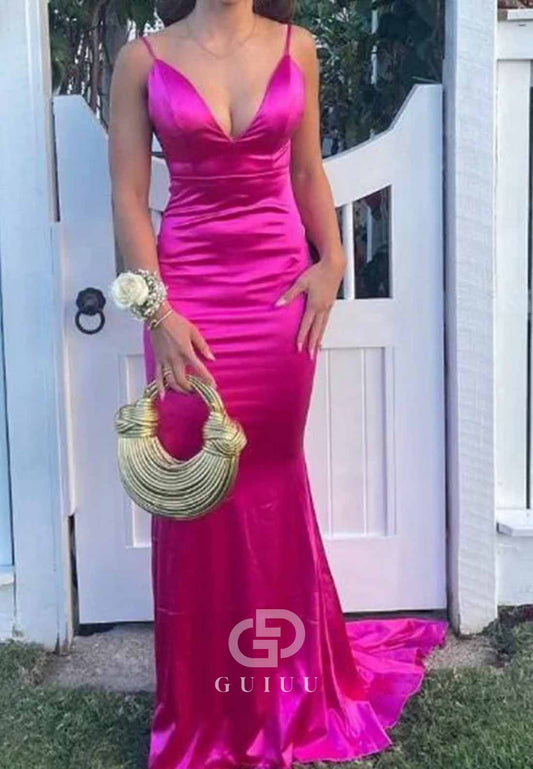 Mermaid V-Neck Fuchsia Plunge Satin Long Prom Dress