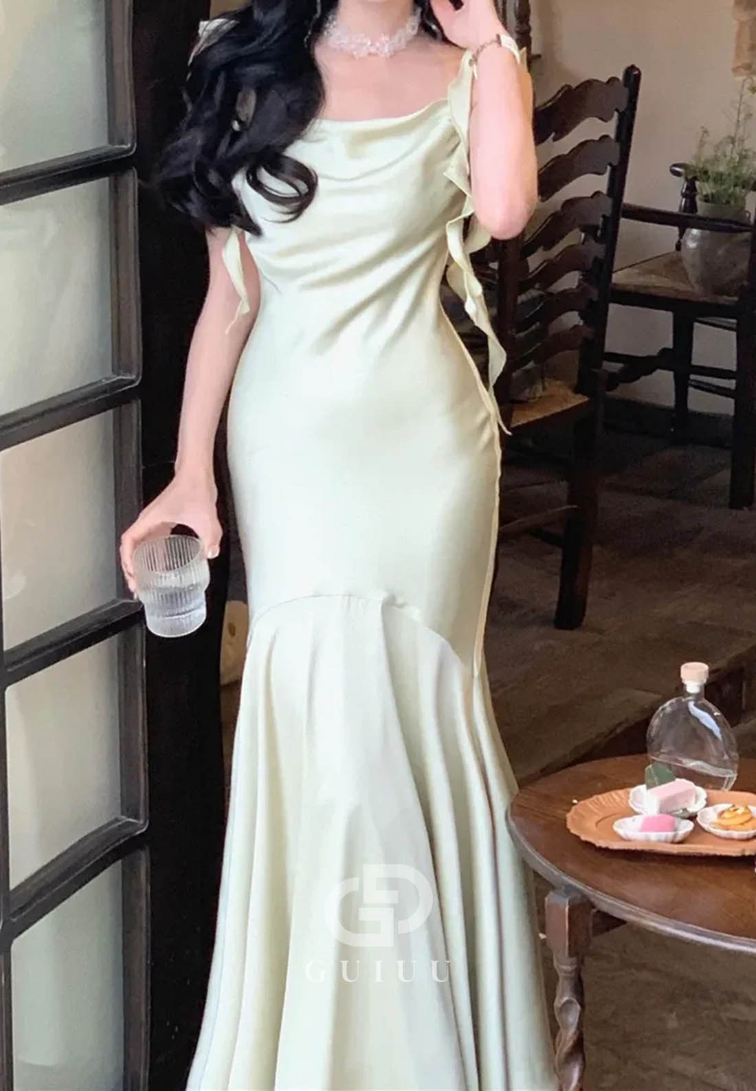 Trendy Mermaid Spaghetti Straps Light Pink Long Prom Dress with Ruffles