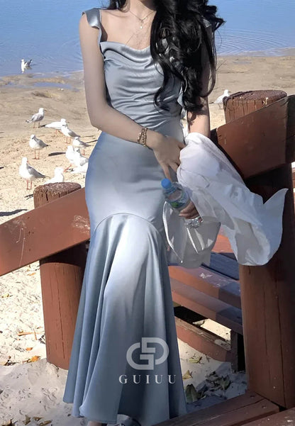 Trendy Mermaid Spaghetti Straps Light Pink Long Prom Dress with Ruffles