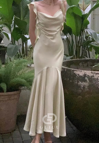 Trendy Mermaid Spaghetti Straps Light Pink Long Prom Dress with Ruffles