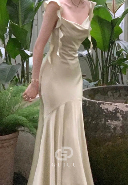 Trendy Mermaid Spaghetti Straps Light Pink Long Prom Dress with Ruffles