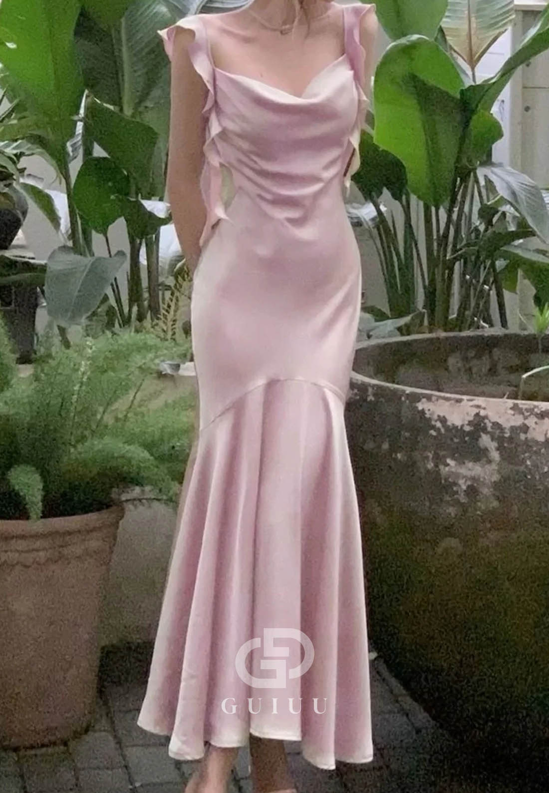 Trendy Mermaid Spaghetti Straps Light Pink Long Prom Dress with Ruffles